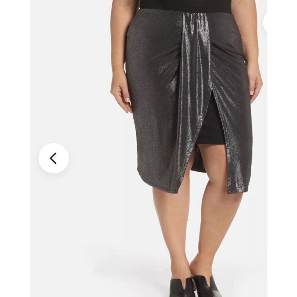 Leith Womens Plus Sz 1X Pencil Satin Midi Skirt Front Ruched Knot Metallic
